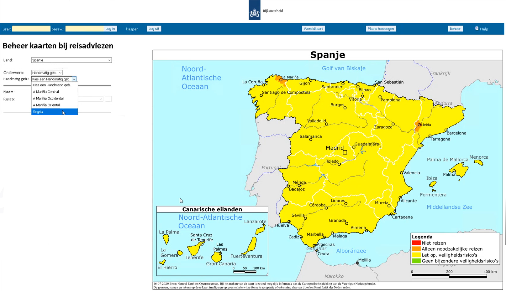 kaart van Spanje met reisadvies Segria ivm Covid-19