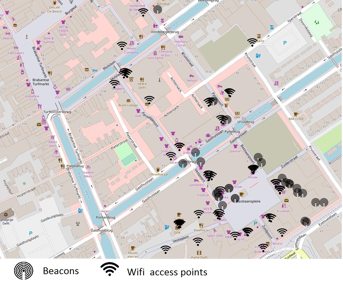 Kaart met bluetooth beacons en Wifi Access Points
