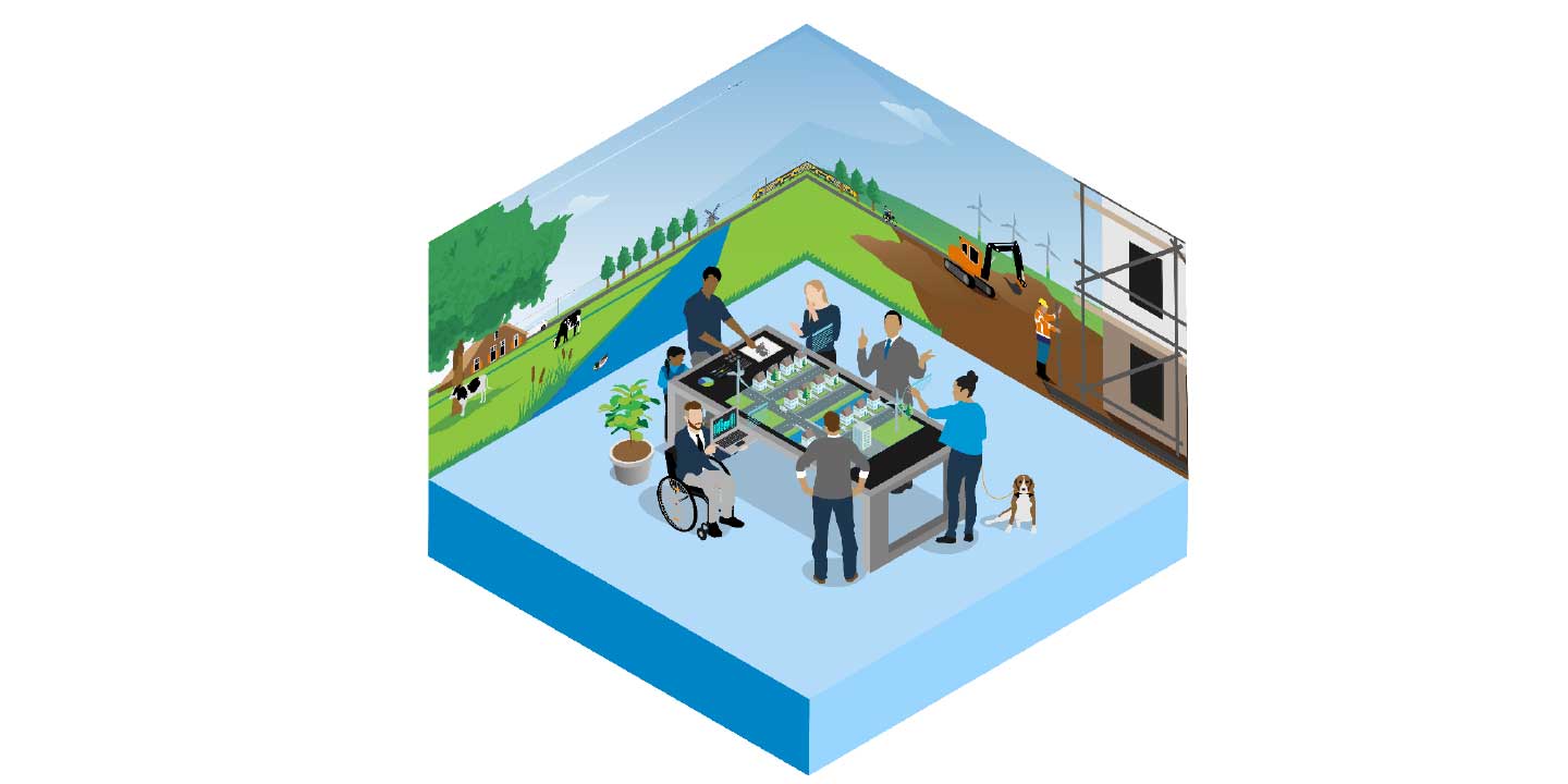 verschillende mensen met verschillende expertises rond touchtable waarop data en visualisaties ondersteuning bieden bij beantwoorden vraag