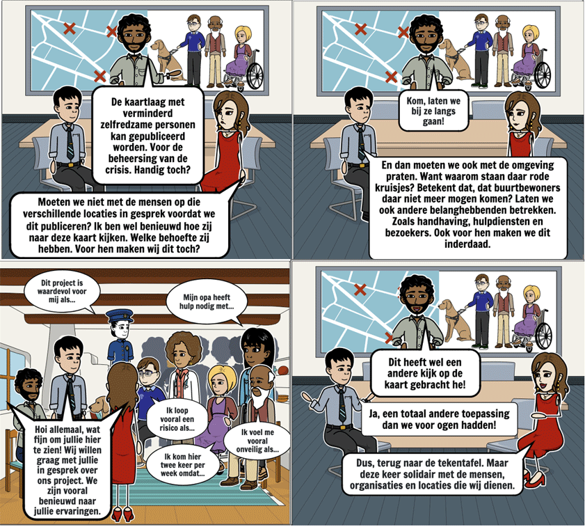 stripverhaal waarin een discussie plaatsvindt op kantoor over het betrekken van de buurt en hen te vragen wat zij van belang vinden