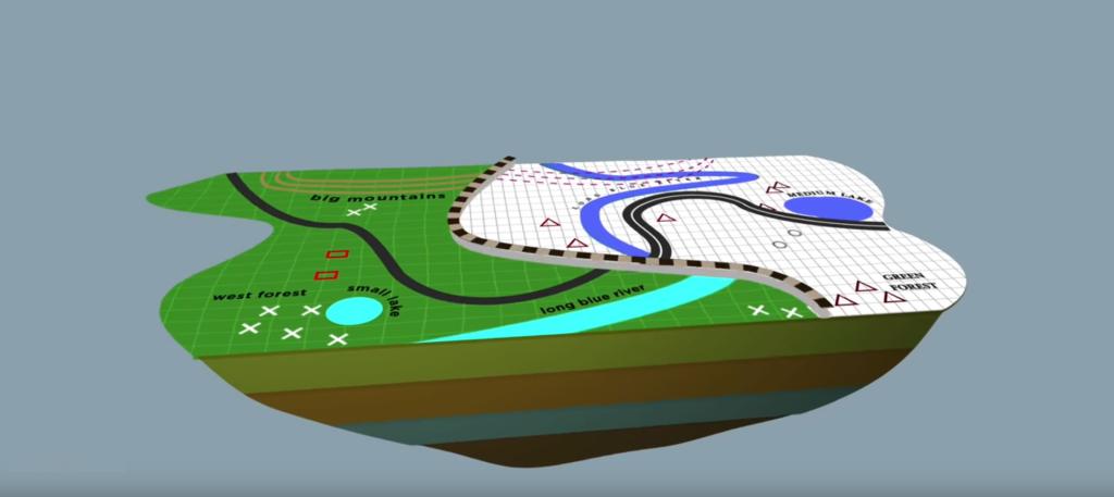 de geografische vertaling van de werkelijkheid gevisualiseerd op een uitsnede van een stuk land