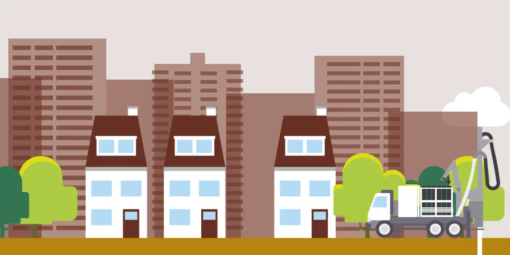 stadsbeeld met daarin een auto die een grondmeting doet