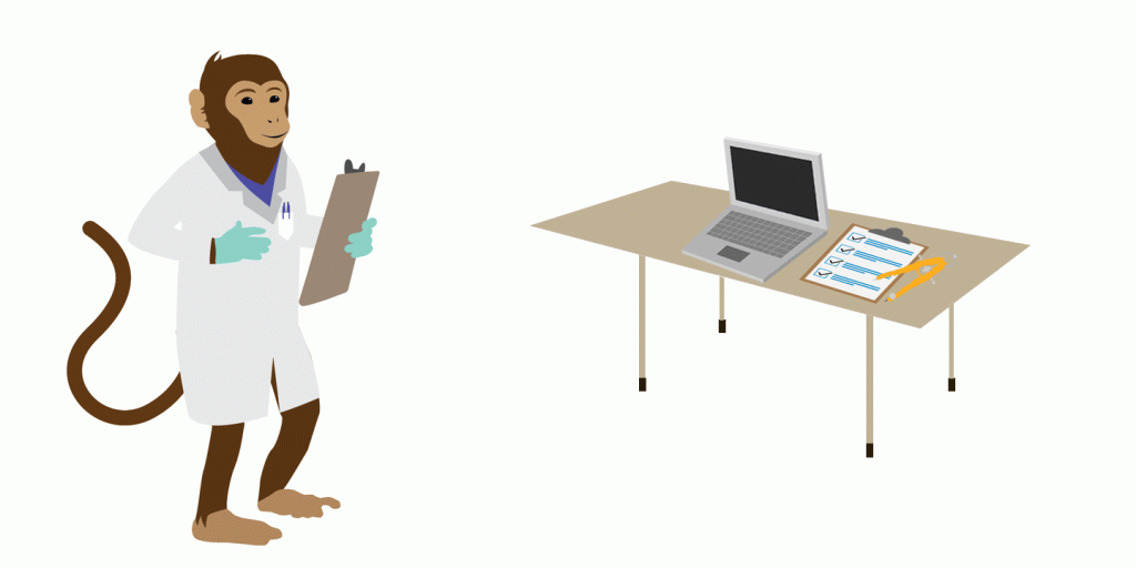 aapje in een doktersjas bij een tafel met laptop, passer en checkformulier