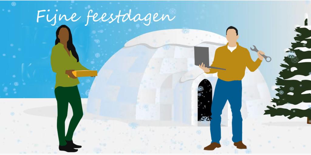 helpdeskmedewerkers staan voor een kerstboom en een iglo met fijne feestdagen in tekst