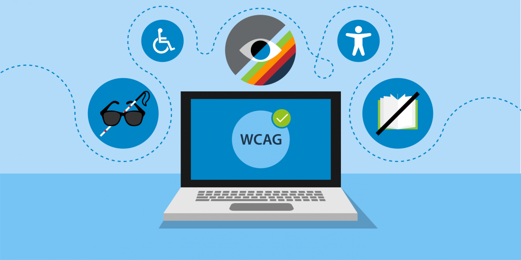 De afbeelding laat een laptop zien met de tekst WCAG op het scherm en een groen vinkje. Om de laptop heen staan iconen die verschillende vormen van beperkingen laat zien