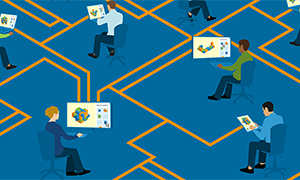 tekening van mensen die werken aan digitale tweelingen die onderling met elkaar zijn verbonden