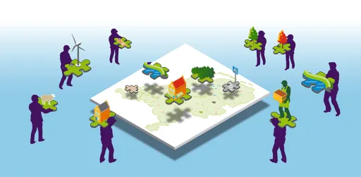 diverse mensen dragen een puzzelstukje aan om een complete puzzel te leggen